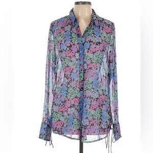 Free People Blouse/Tunic in Blue/Rose/Green/Black Floral Print. Size Large.